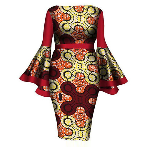 

Women's Sheath Dress Knee Length Dress Dusty Blue Orange Red Light Blue Long Sleeve Print Patchwork Print Fall Round Neck Casual Flare Cuff Sleeve Slim 2021 L XL XXL 3XL 4XL 5XL 6XL / Plus Size