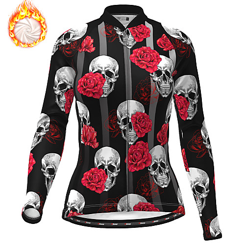 

21Grams Women's Long Sleeve Cycling Jersey Winter Fleece Polyester Black Sugar Skull Skull Floral Botanical Bike Jersey Top Mountain Bike MTB Road Bike Cycling Fleece Lining Warm Quick Dry Sports