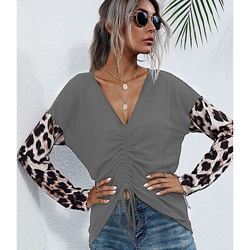 

Women's T shirt Color Block Leopard Long Sleeve Patchwork V Neck Tops Basic Basic Top Black Dark Gray