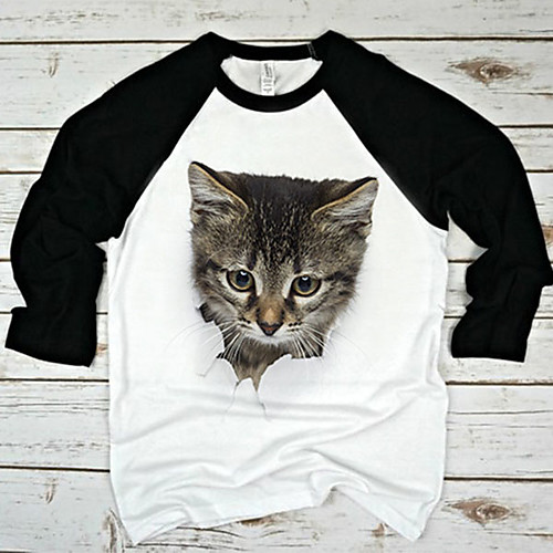 

Women's T shirt Cat Graphic Prints Long Sleeve Print Round Neck Tops Beach Basic Top Black Red