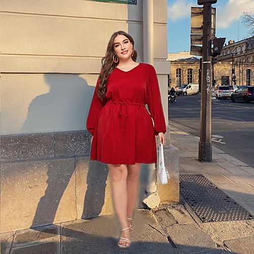 

Women's Swing Dress Knee Length Dress Black Red Navy Blue Long Sleeve Solid Color Patchwork Bow Fall V Neck Elegant Going out Loose 2021 L XL XXL 3XL 4XL
