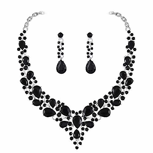 

womens black crystal statement necklace earrings jewelry sets for bridal wedding dress