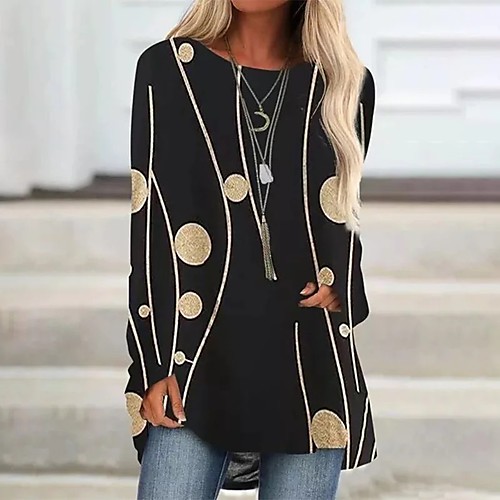 

Women's T shirt Dress Tunic Polka Dot Striped Abstract Long Sleeve Patchwork Print Round Neck Tops Chinoiserie Basic Top Black Blue