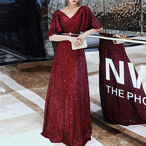 

A-Line Sparkle Elegant Engagement Formal Evening Dress V Neck Half Sleeve Floor Length Sequined with Sash / Ribbon Sequin 2021