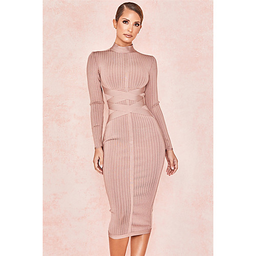 

Sheath / Column Sexy bodycon Party Wear Cocktail Party Dress High Neck Long Sleeve Tea Length Spandex with Sash / Ribbon 2021