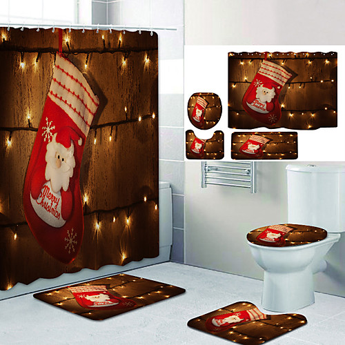 

Christmas Decoration lights Christmas Stocking Digital Printing Four-Piece Set Shower Curtains and Hooks Modern Polyester Machine Made Waterproof Bathroom