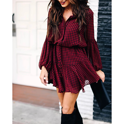 

Women's A Line Dress Short Mini Dress Yellow Red Long Sleeve Print Patchwork Print Fall Shirt Collar Casual Lantern Sleeve Slim 2021 S M L XL