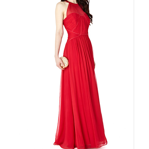 

Sheath / Column Minimalist Elegant Wedding Guest Formal Evening Dress Halter Neck Sleeveless Floor Length Chiffon with Pleats 2021