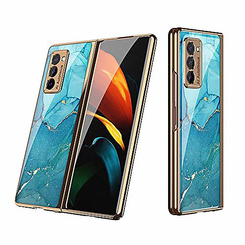 

all-inclusive anti-drop tempered-glass plating frame hard shell compatible for 2020 samsung galaxy z fold 2 5g case,full protection cover, scratch-resistant protective cases (lake blue)