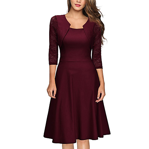 

Women's Swing Dress Knee Length Dress Blue Wine Green 3/4 Length Sleeve Solid Color Zipper Lace Patchwork Spring Square Neck Vintage Slim 2021 S M L XL XXL