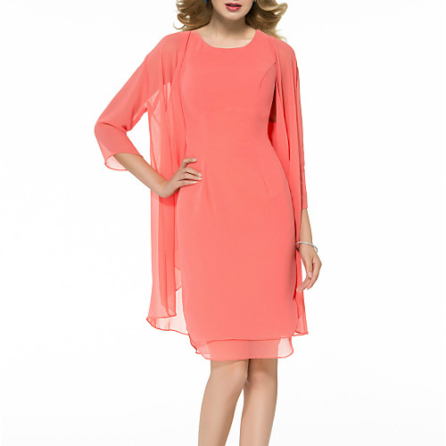 

Sheath / Column Mother of the Bride Dress Elegant Jewel Neck Short / Mini Chiffon 3/4 Length Sleeve with Tier 2021