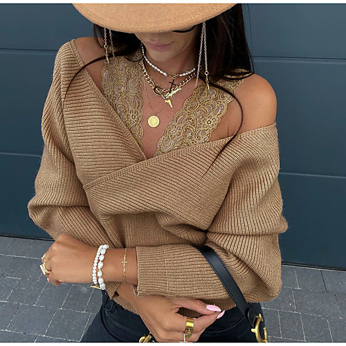 

Women's Stylish Lace Trims Solid Color Pullover Long Sleeve Sweater Cardigans Strap Fall Winter Khaki Dark Gray Beige