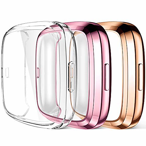 

compatible with fitbit versa 2 screen protector case, ultra thin full protective case cover for versa 2 smartwatch bands accessories, 3 pack clear/rose pink/rose gold