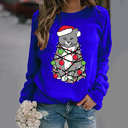 

Women's Christmas Blouse Graphic Prints Long Sleeve Print Round Neck Christmas Tops White Black Blue