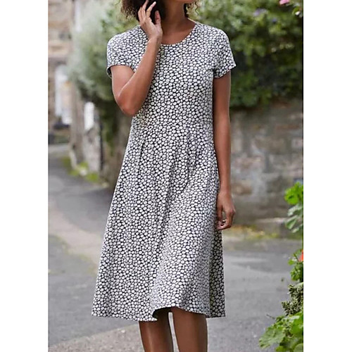 

Women's Swing Dress Knee Length Dress Black Short Sleeve Polka Dot Patchwork Print Fall Spring Round Neck Work Casual Going out 2021 S M L XL XXL