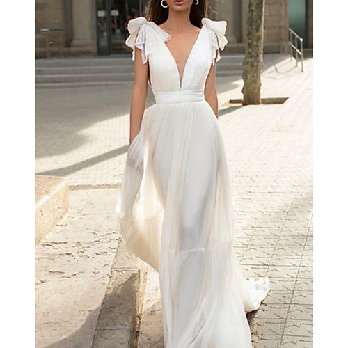 

Sheath / Column Wedding Dresses V Neck Court Train Chiffon Tulle Sleeveless Simple Beach with Bow(s) Pleats 2021