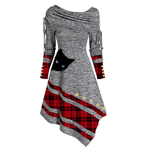 

Women's Sheath Dress Short Mini Dress Long Sleeve Cat Plaid Tie Dye Patchwork Print Fall Spring Work Casual 2021 Gray M L XL XXL 3XL