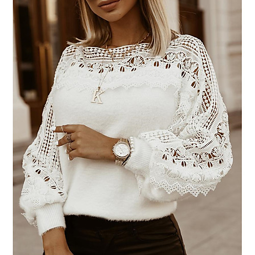 

Women's Hollow Out Knitted Solid Color Pullover Long Sleeve Sweater Cardigans Crew Neck Fall Winter White