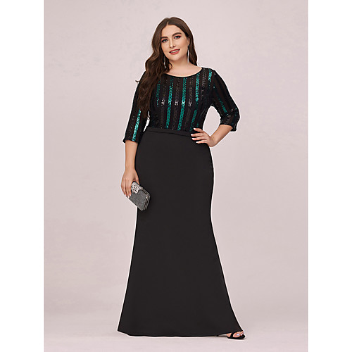 

Mermaid / Trumpet Plus Size Vintage Party Wear Formal Evening Dress Jewel Neck 3/4 Length Sleeve Floor Length Jersey with Sequin 2021