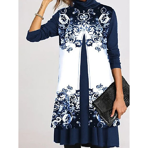 

Women's Two Piece Dress Short Mini Dress Blue Black Long Sleeve Print Patchwork Print Fall Turtleneck Elegant Slim 2021 S M L XL XXL 3XL