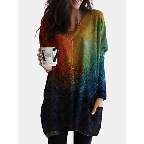 

Women's Shift Dress Knee Length Dress Blue Green Long Sleeve Print Color Gradient Print Fall V Neck Casual Loose 2021 S M L XL XXL 3XL