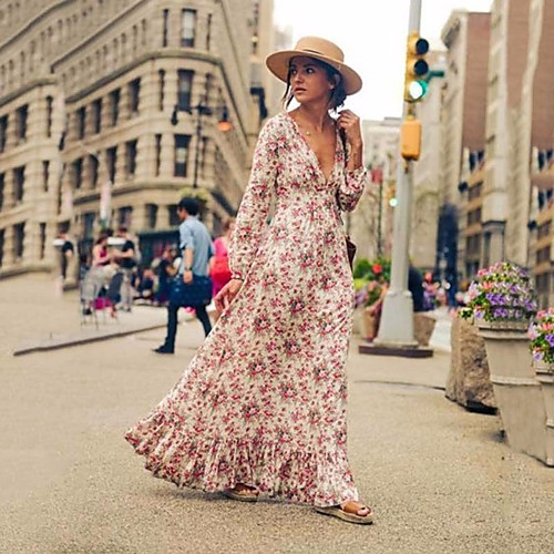 

Women's Swing Dress Maxi long Dress Beige Long Sleeve Print Patchwork Print Summer V Neck Boho Lantern Sleeve Slim 2021 S M L XL XXL