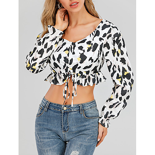 

Women's Crop Top Floral Graphic Prints Flower Long Sleeve Backless Bow Print V Neck Basic Tops White Black Yellow