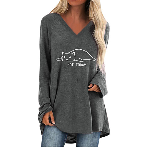 

Women's Blouse Shirt Cat Long Sleeve Patchwork Print V Neck Basic Tops Cotton Black Wine Army Green