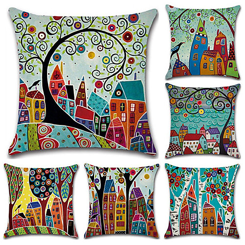 

Cushion Cover 6PCS Faux Linen Soft Decorative Square Throw Pillow Cover Cushion Case Pillowcase for Sofa Bedroom 45 x 45 cm (18 x 18 Inch) Superior Quality Mashine Washable Colorful Houses Pattern