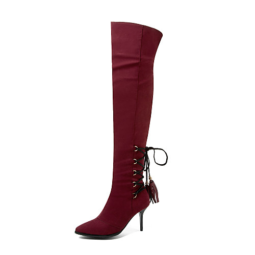 

Women's Boots Stiletto Heel Boots Stiletto Heel Pointed Toe Over The Knee Boots Sexy Wedding Party & Evening Nubuck Tassel Lace-up Solid Colored Wine Black