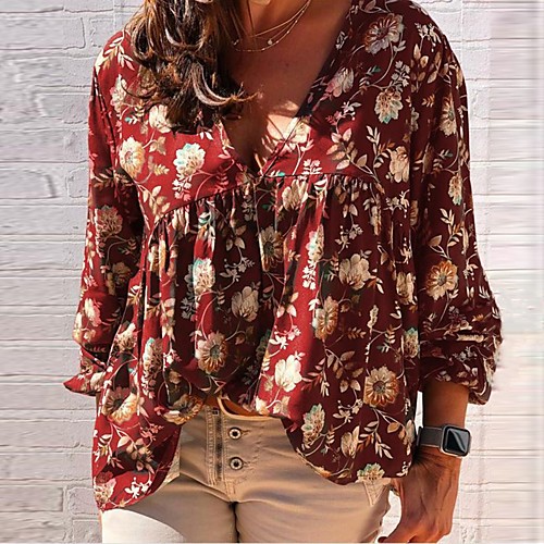 

Women's Blouse Daisy Long Sleeve V Neck Tops Blue Purple Wine