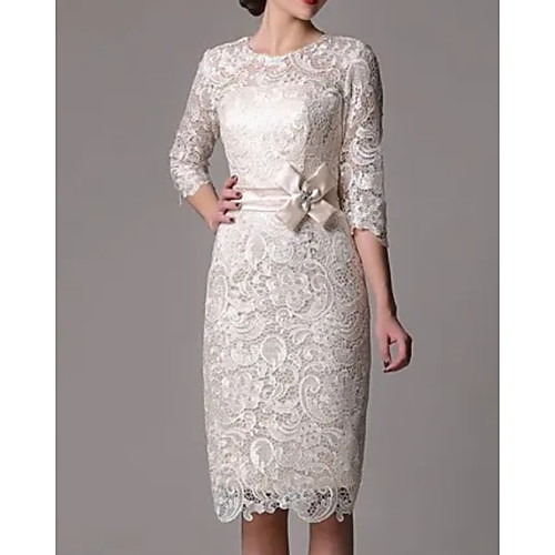 

Sheath / Column Elegant Vintage Engagement Cocktail Party Dress Jewel Neck Half Sleeve Knee Length Lace with Bow(s) Lace Insert 2021
