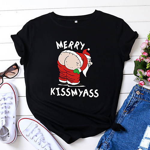 

Women's T shirt Graphic Graphic Prints Letter Print Round Neck Tops 100% Cotton Basic Christmas Basic Top Black Yellow Blushing Pink