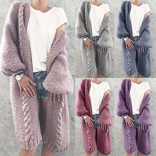 

long cardigan for women solid color knit coat sweater thick warm puff sleeves plus size long sleeves jacket (xl, purple)