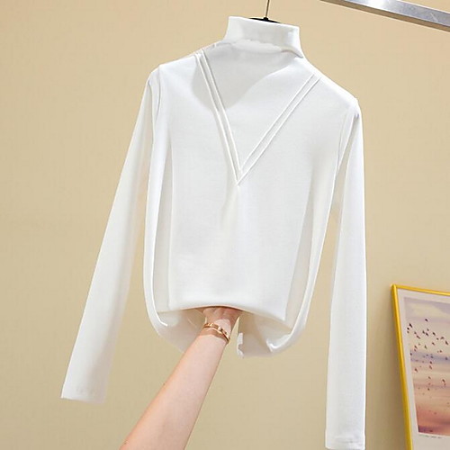 

Women's T shirt Plain Long Sleeve High Neck Tops Chinoiserie Basic Top White Black Blue