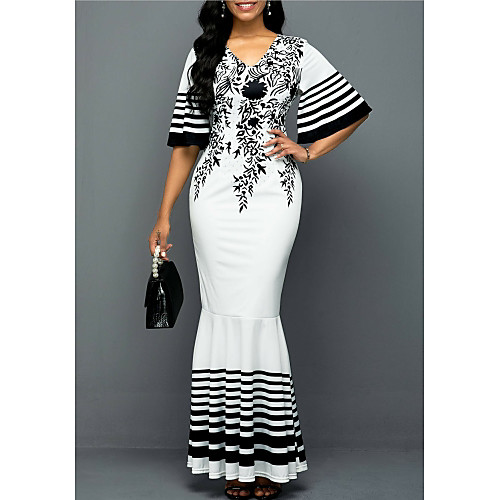 

Women's Trumpet / Mermaid Dress Maxi long Dress White Half Sleeve Print Patchwork Print Fall V Neck Elegant 2021 S M L XL XXL 3XL 4XL 5XL / Plus Size
