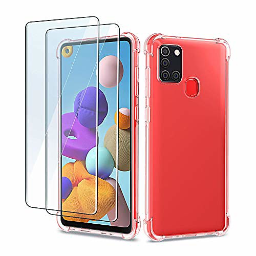 

case for samsung galaxy a21s with 2 pack screen protector, transparent soft silicone tpu cover - tempered glass film - [9h hardness] [scratch resistant]