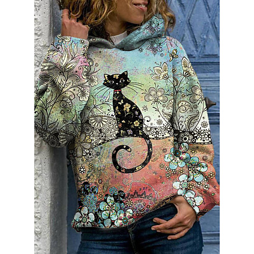 

Women's Hoodie Pullover Cat Animal Patterned Graphic Daily Basic Casual Hoodies Sweatshirts Yellow Fuchsia Pink