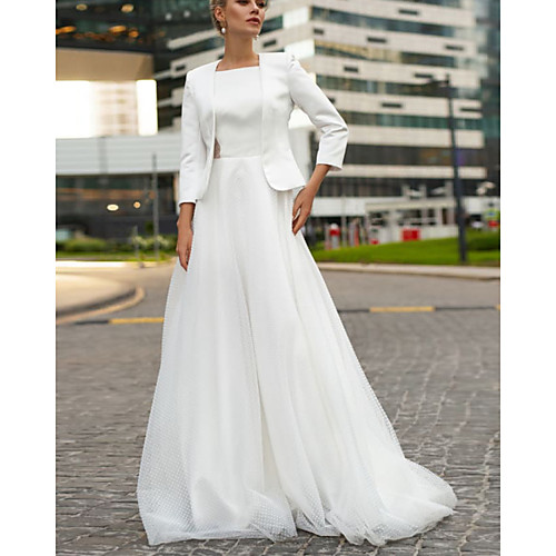 

Two Piece A-Line Wedding Dresses Jewel Neck Floor Length Satin Tulle 3/4 Length Sleeve Country with 2021