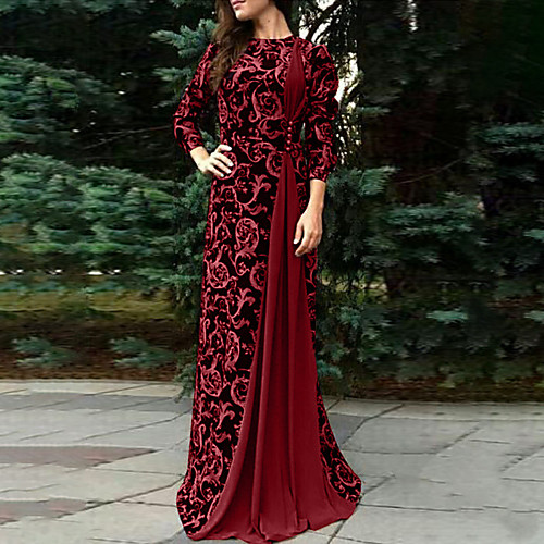 

Women's Sheath Dress Maxi long Dress Blue Wine Black Brown Long Sleeve Print Print Fall Round Neck Elegant Vintage Christmas 2021 S M L XL XXL 3XL 4XL 5XL