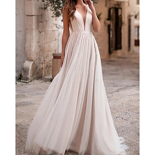 

A-Line Wedding Dresses V Neck Floor Length Tulle Sleeveless Country with Pleats Lace Insert 2021