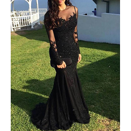 

Mermaid / Trumpet Sparkle Sexy Engagement Formal Evening Dress Illusion Neck Long Sleeve Sweep / Brush Train Lace with Appliques 2021