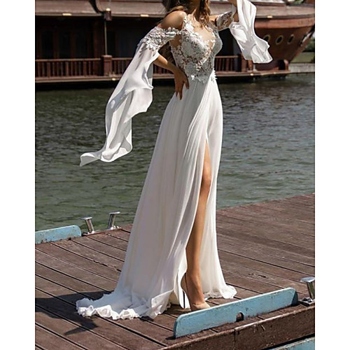 

Sheath / Column Wedding Dresses V Neck Court Train Chiffon Lace Long Sleeve Beach with Split Front 2021