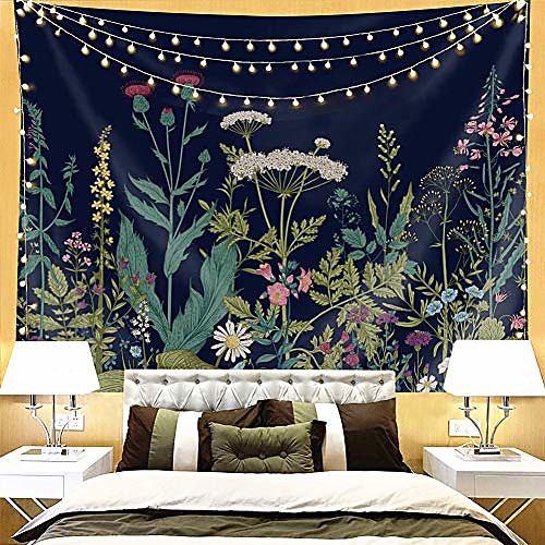 

plant tapestry floral tapestry nature tapestry indian bohemian botanical wild flower tapestry vintage dark blue aesthetic tapestry wall hanging for bedroom living room dorm. (59 l51 w)