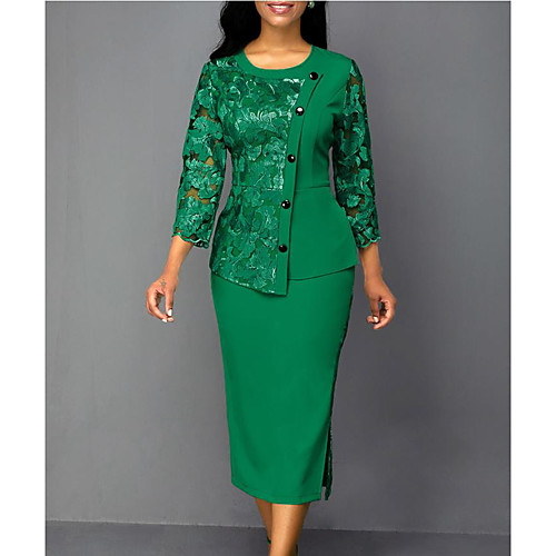 

Women's Shift Dress Knee Length Dress Blue Wine Green Long Sleeve Print Solid Color Mesh Lace Print Fall Winter Round Neck Formal Slim 2021 L XL XXL 3XL 4XL 5XL