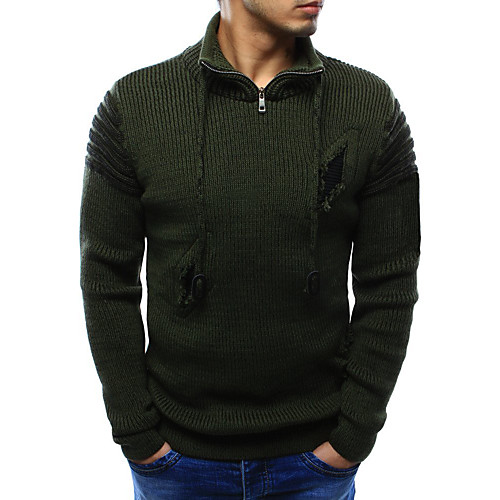 

Men's Knitted Ripped Solid Color Pullover Long Sleeve Sweater Cardigans Turtleneck Fall Winter Black Green Light gray