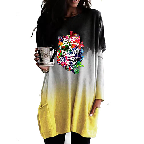 

Women's T Shirt Dress Tee Dress Short Mini Dress Purple Blushing Pink Khaki Green Black Long Sleeve Print Print Fall Winter Round Neck Casual Loose 2021 S M L XL XXL 3XL / Plus Size / Plus Size