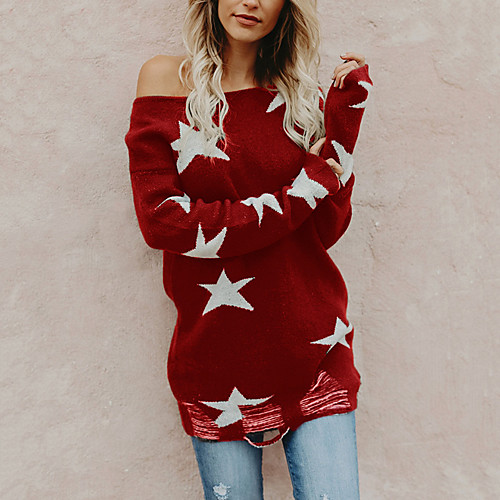 

Women's Stylish Knitted Abstract Pullover Long Sleeve Sweater Cardigans Crew Neck Fall Winter Black Red