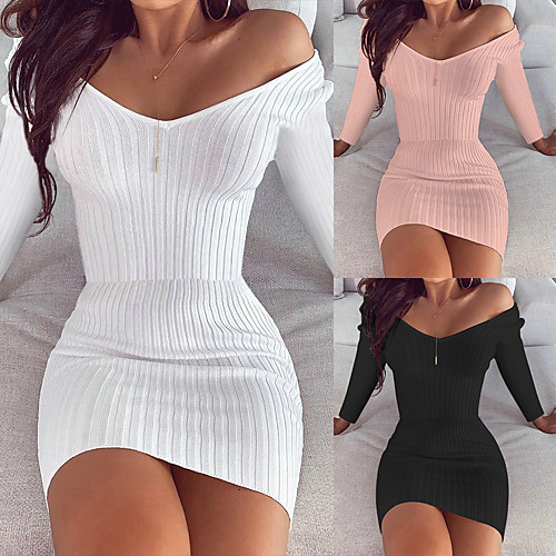 

Women's Sheath Dress Knee Length Dress Blushing Pink White Black Long Sleeve Solid Color Patchwork Summer V Neck Work Sexy Slim 2021 S M L XL