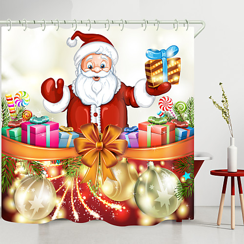 

Christmas Gift Box Santa Digital Printing Shower Curtain Shower Curtains Hooks Modern Polyester New Design